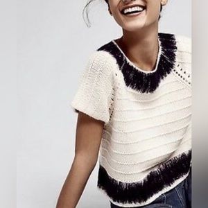 Mixed wool short sleeve sweater in cream and blue